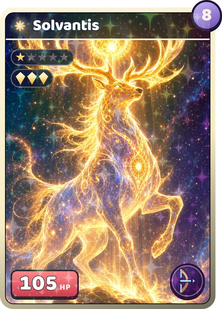 The Solvantis card: its name and element at the top, energy cost in the corner, stars and stage on the left, HP and skill at the bottom
